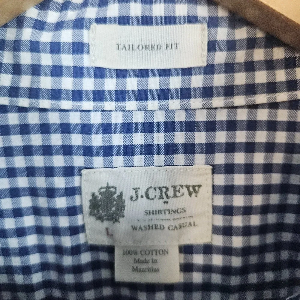 J Crew Shirtings Men's Blue & White Checks Size L 100% Cotton Washed Casual HOLE